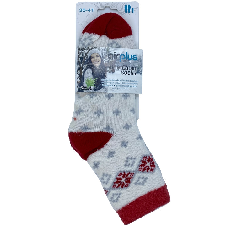 Airplus Aloe Kabinensocken - Feuchtigkeitsspendende Socken - Weiß Grau/Rotes Muster - Größe 35-41