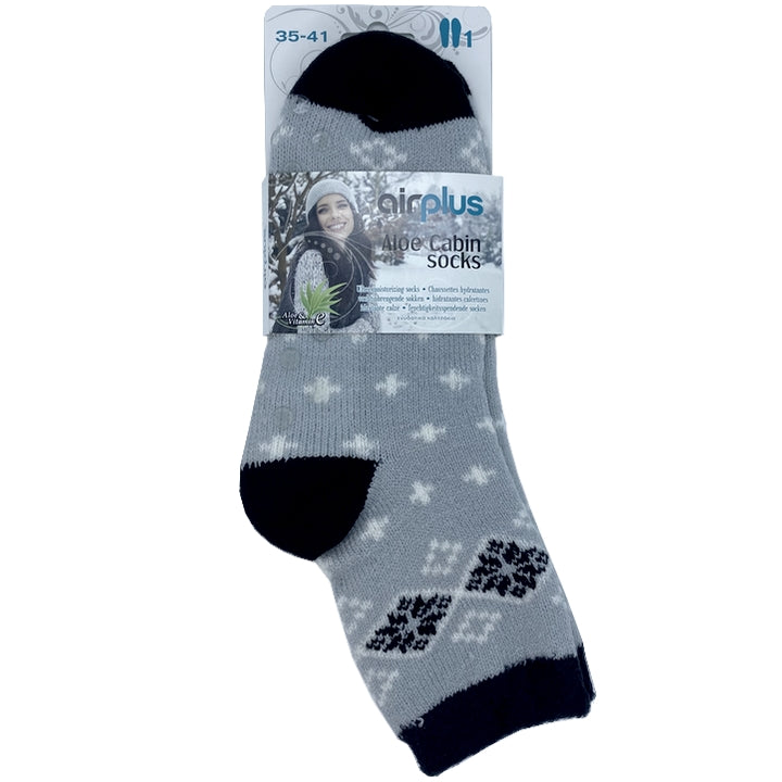 Airplus Aloe Cabin Socks - Moisturizing Socks - Gray White/Black Pattern - Size 35-41